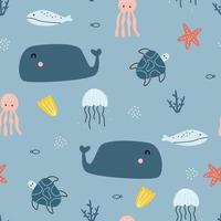 Blue whale seamless pattern with marine life Cute Animal Cartoon Backgrounds For Prints, Wallpapers, Garments, Textiles, Vector Illustration