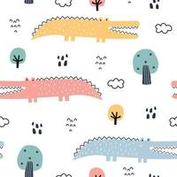 Seamless pattern Cartoon background with crocodile and trees Hand drawn design in kid style, use for print, wallpaper, fabric, textile. Vector illustration