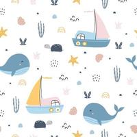 Marine seamless pattern with sailboat and whale Hand drawn design in cartoon style used for print Wallpaper, decoration, clothing pattern, textile Vector illustration.