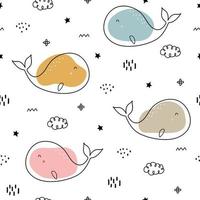 Whale seamless pattern background sea creatures Hand drawn design in cartoon style, use for textiles, clothing patterns. Print, wallpaper Vector illustration