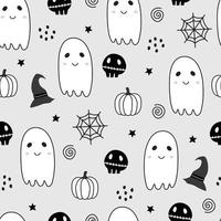 Seamless pattern design for Halloween. Halloween symbol background with ghost, witch hat, spider. Cartoon style hand drawn Design for print, wallpaper, decoration, textile. vector illustration