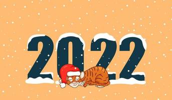 Happy New Year 2022 text design with cartoon style with tigers. The symbol of the year according to the Chinese calendar. Design brochure, template, postcard, banner. Vector illustration.