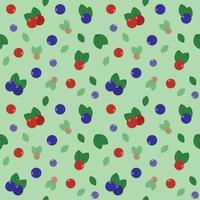 Seamless vector pattern with red and blue berries with leaves on pastel green background.