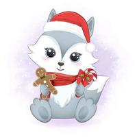 Cute little fox and gingerbread. Christmas season illustration vector