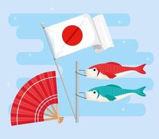 japanese flag with fan and fishes vector