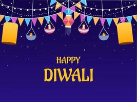 Happy Diwali illustration with hanging light lantern, lamp, and colorful flag. Suitable for greeting card, invitation, poster, banner, social media, web, postcard. vector