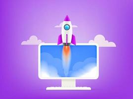 Start up your business concept. Begin business vector illustration with rocket and computer