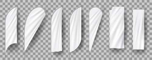 White blank feather flags, vertical banners stand, 3d realistic mockup vector