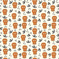 A pattern with a scary skull face for Halloween day. The substrate is in black and orange autumn color. October background for children's textile horror stories doodle. Vector illustration