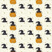 A pattern with a carved scary pumpkin face. Witch hat with pumpkin for Halloween textiles. The substrate is in black and orange autumn color. Vector illustration