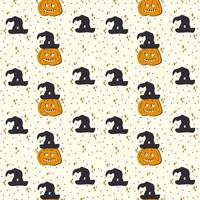 A pattern with a carved scary pumpkin face. Witch hat with pumpkin for Halloween textiles. The substrate is in black and orange autumn color. Vector illustration