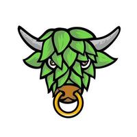 Cabeza de toro de cuernos cortos verde con cara de lúpulo de cerveza vista frontal mascota color retro vector