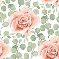 Floral seamless pattern with creamy rose and eucalyptus silver dollar tree leaves. Elegant design for a wedding, wedding floristry. Vector stock illustration isolated on white background.