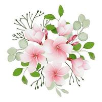 Bouquet with pink flowers of plumeria, frangipani. Tropical flowers and leaves. Wedding floristry. Stock vector illustration isolated on white background.