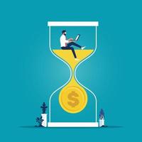 Businessman sitting on the hourglass with laptop, business concept of time management and time is money vector