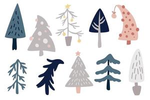 Christmas trees collection. New Years and xmas traditional symbol tree with garlands, light bulb, star. Winter holidays. Vector cartoon illustration in Scandinavian Style.