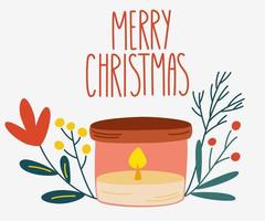 Christmas candle with a wreath of fir twigs. Home decor for New Year and winter holidays. Merry Christmas hand draw inscription. Vector cartoon illustration.