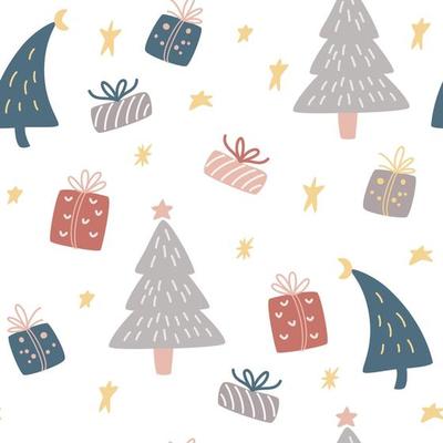 Christmas trees and gifts boxes seamless pattern. Winter Background, kids wallpaper for fabric, textile, clothes, paper, scrapbooking, planner. New Years and xmas traditional symbol.