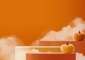 Escena mínima de halloween 3d con plataforma de humo y podio. Representación 3d del vector del fondo de Halloween con el podio de la calabaza. Stand para mostrar productos. escaparate de escenario en pedestal moderno pastel de calabaza naranja