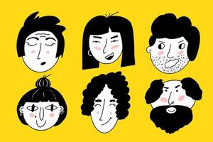 Heads of boys and girls. Various haircuts. Young men and women. Black and white People avatars. Hand drawn set of Vector Icons. Cartoon style, flat design. All elements are isolated