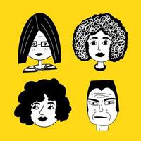 Heads of boys and girls. Various haircuts. Young men and women. Black and white People avatars. Hand drawn set of Vector Icons. Cartoon style, flat design. All elements are isolated