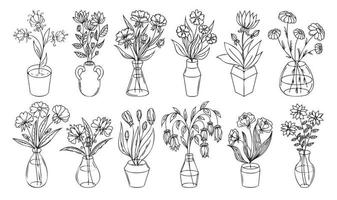 Flowers outline illustration with vase and pot isolated on white background. Vector floral set, house plant line art illustration, flower drawing linear collection.