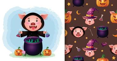 un lindo cerdo con disfraz de bruja colección de personajes de halloween. diseños de patrones e ilustraciones sin costuras vector