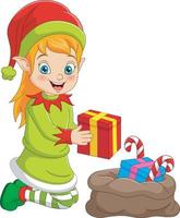 Cartoon christmas elf with bag of gifts vector