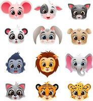 Cartoon happy wild animals head collection vector