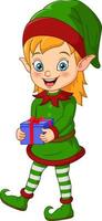 Cartoon christmas elf holding a gift vector