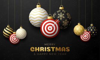 Target Dash Christmas card. Merry Christmas sport greeting card. Hang on a thread Target Dash as a xmas ball and golden bauble on black background. Sport Vector illustration.