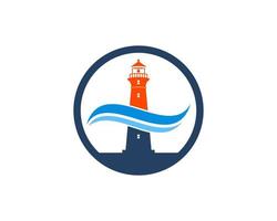 Circle shape with lighthouse and beach wave vector