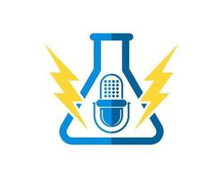 Simple bottle laboratory with podcast microphone and lightning vector