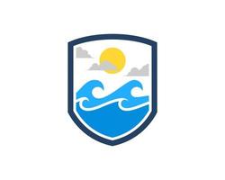 Simple shield with wave of beach and sun inside vector