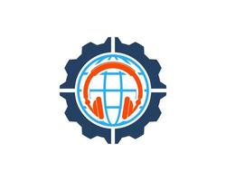 Mechanical gear with abstract globe and music headphone vector