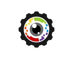 Mechanical gear with abstract pixels and lens camera inside vector