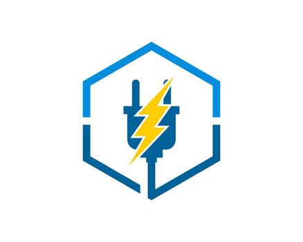 Hexagonal shape with plug and lightning inside vector