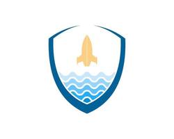 Abstract shield with beach wave and surf rocket inside vector