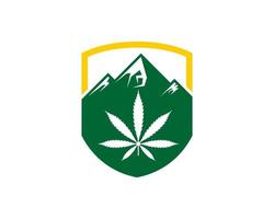 Escudo de protección con montaña y cannabis. vector