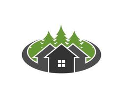 Three simple house with swoosh and pine forest inside vector