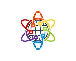 Atom symbol in rainbow colors with abstract globe inside vector
