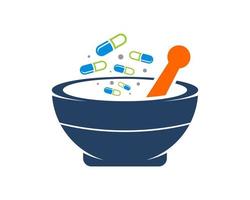 Mortar and pestle with capsule medicine vector