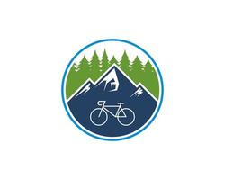 Circle shape with mountain bike and pine forest vector