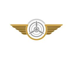 Circle shape with spread wings and propeller inside vector