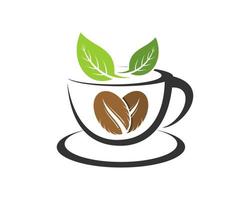 taza de café con granos de café gemelos y hojas vector
