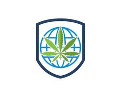 Shield with abstract globe and cannabis inside vector