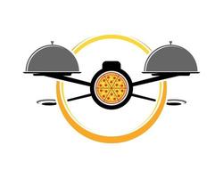 Flying drone pizza with food plate vector