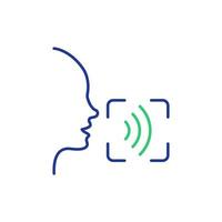 Voice and Speech Recognition line Icon. Voice Command Icon with Sound Wave. Voice Control. Speak or Talk Recognition line pictogram. Human head and Sound Wave. Vector Illustration