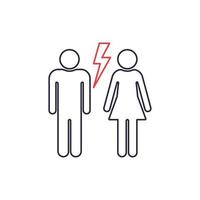 Divorced Couple. Black line icon of Man and Woman with Red Lightning. Break up of Relationship Icon. Man and Woman quarrel. End of Family Life. Vector illustration