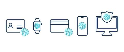 Security personal data and devices. Fingerprint, id and credit card, smart watch, smartphone, computer line icons. Scan fingerprint for access to personal data. Vector line icons